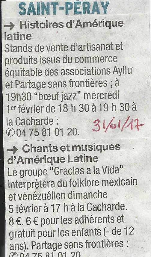 16 eme dition semaine "Histoires d'Amrique latine" de Saint-Pray en ardche avec l'association Ayllu et Partage sans Frontires - la presse - article du Dauphin libr